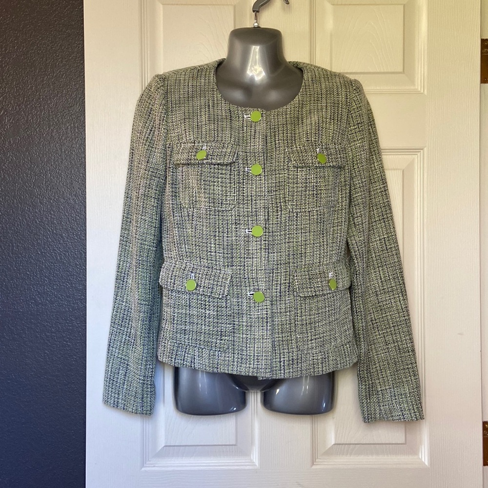 Premise brand. Lime green, navy, and white; summer tweed. Size 4